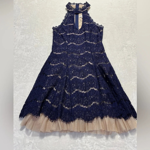 FRANCESCA'S Caitlin Gigi Neck Lace Tulle Underlay A-Line Dress Ladies Navy Small - Picture 3 of 9